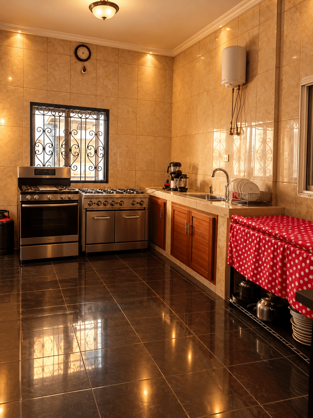 Professional kitchen with steel counters and the pass ready for service
